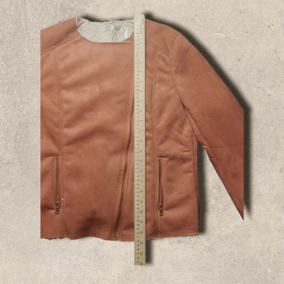 HAVE coral moto jacket faux suede sherpa lined raw hem women's Large - Picture 3 of 8